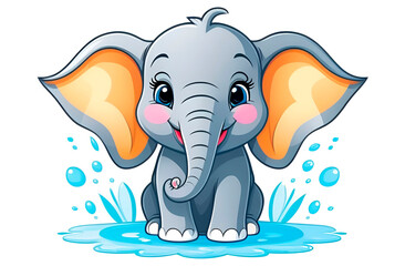 Drawing of a cheerful baby elephant on a white background.