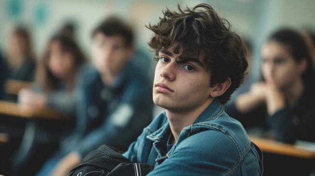 A young male student lost in thought, sitting in a classroom setting with her peers blurred in the background, reflecting a moment of introspection. concept of bullying among teenagers