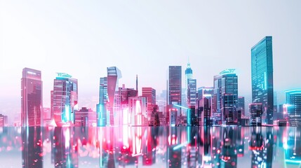 The city awakens to the digital age, its skyline a canvas of neon and LED, reflected in the tranquil waters of dawn - obrazy, fototapety, plakaty