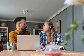 Side hustle money, second job concept. Young university students couple working freelance internet...