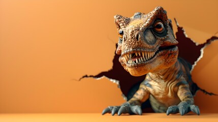 Fototapeta premium Adorable TRex emerges from torn wall copy space mockup playful dinosaur. Concept Marketing, Mockup, Dinosaur, Playful, Creative