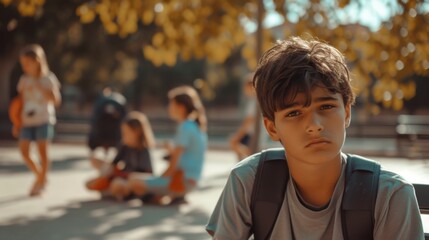 A young teenager sits contemplatively on a park bench, feeling isolated with blurred figures in the background during a sunny autumn day. bullying among teenagers