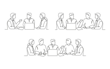 Business meeting of group office people, work on laptop set, continuous one line drawing. Teamwork, learning or business talking, partnership in work. Simple single minimalism outline style. Vector