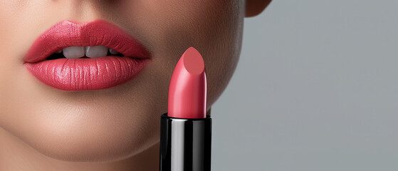 Makeup, beauty and portrait of woman with lipstick in studio, Concept for wellness, skincare product and cosmetics. Salon, 