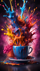 A dynamic explosion of vibrant paint leaps from a blue cup, 