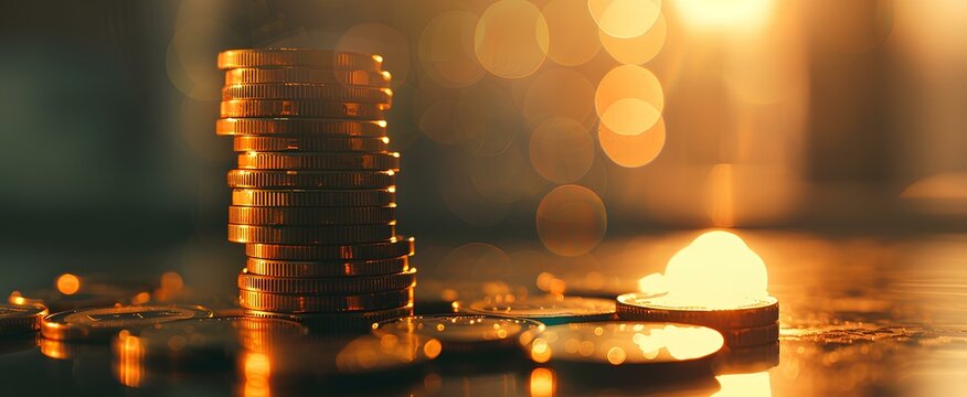 a captivating golden hue stack of coins with graphs and charts, in the style of bokeh panorama, unique commercial imagery. generative AI