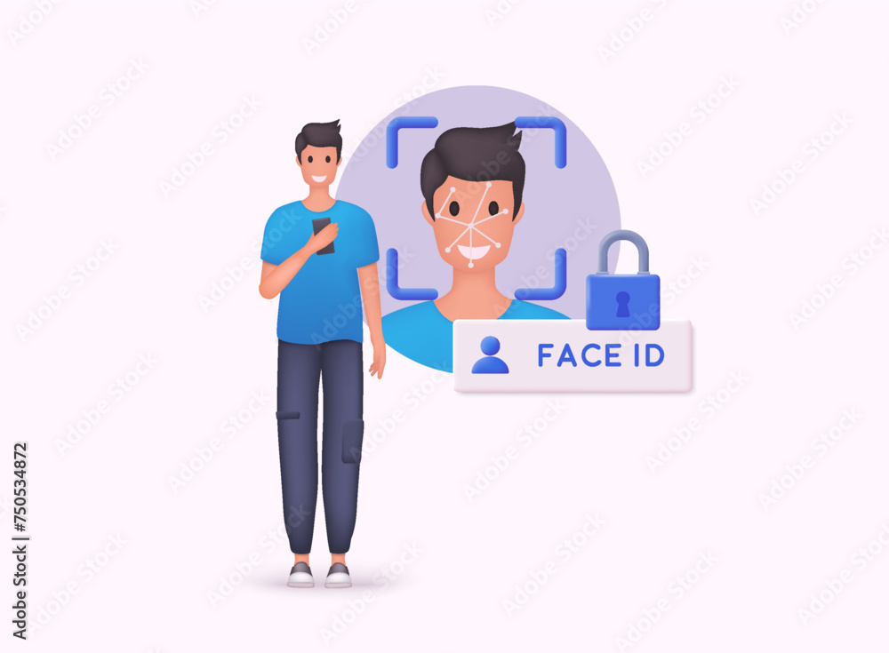 Poster face recognition concept design. 3d web vector illustrations.