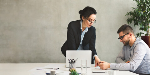 Businesswoman showing and explaining business document to partner