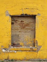 The remnants of an old window frame speak to the history etched into the yellow-painted brick wall. Weathering and time have left their distinct marks on the surface.