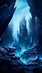 Futuristic landscape with ice cave. 3D illustration. Fantasy background.
