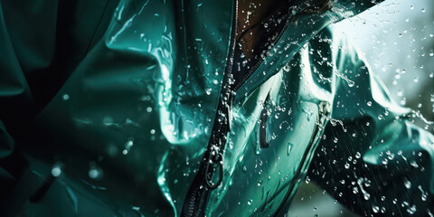 waterproof water resistant raincoat close up, concept of rainwear equipment water repellent clothing fashion textile