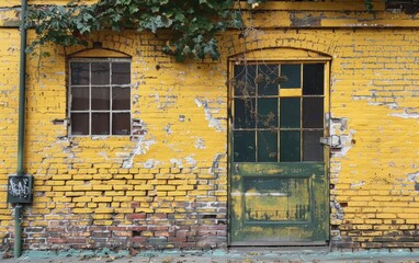 An old yellow brick building is partially covered in vines, featuring a weathered green door. The play of nature and architecture creates a nostalgic scene.
