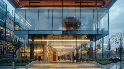 Entrance of three-story commercial building, building located at road intersection, The the building consists of several separate glass boxes. Generative AI.