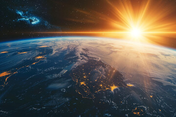 illustration of the Sun rising over planet Earth in space - obrazy, fototapety, plakaty