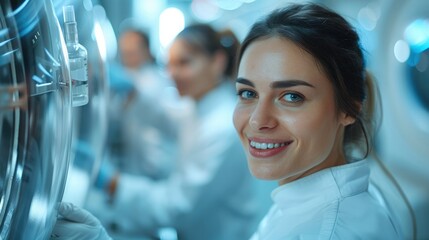 Portrait of smiling woman working with operator dosimeter preparing test tubes for irradiation chamber. Generative AI.