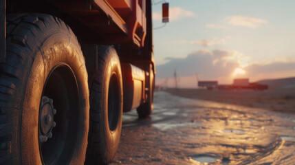 The golden hour illuminates a truck's wheels as it traverses a deserted highway