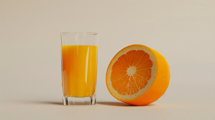 A glass of orange juice next to a half of an orange