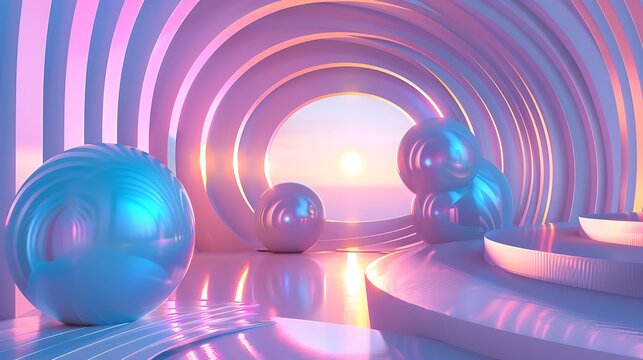 3D rendering. Abstract background with geometric shapes. Pink and blue pastel colors. Futuristic podium with balls. - Powered by Adobe