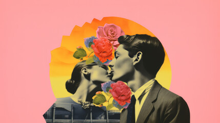 Romantic Couple with Floral Overlay in Vintage Collage - 750536277