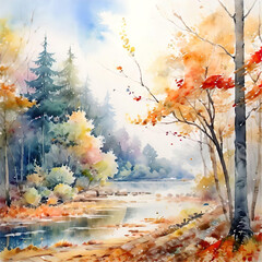 The calm and relaxing mood on the river with colored trees, watercolored splashy leafy autumn detailed landscape