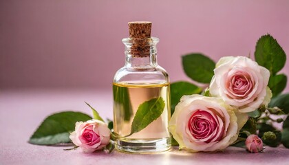 Obraz na płótnie Canvas rose essential oil on a pink background with flowers 2