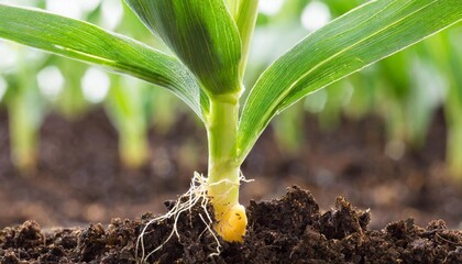 corn seedling with seed roots stem and whorled leaves - obrazy, fototapety, plakaty