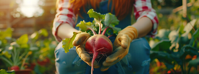 female farmer close-up harvests beets