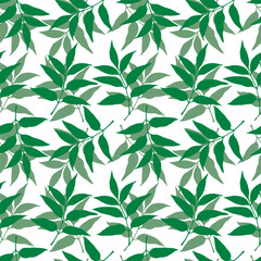 Spring vector seamless pattern with green leaf silhouettes.
