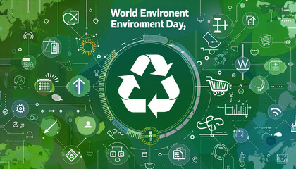 An infographic-style illustration presents various stages of the recycling process using colorful icons and arrows. Environmental education and sustainability concept