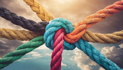Buiness pulling together, networking, collaboration, ropes with knots, entanglements, untying knots, tight knot, stable knot, colored ropes tied into a knot - obrazy, fototapety, plakaty
