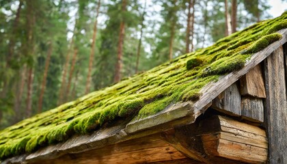 green moss on the roof of a wooden house in the forest old wooden roof out of focus
