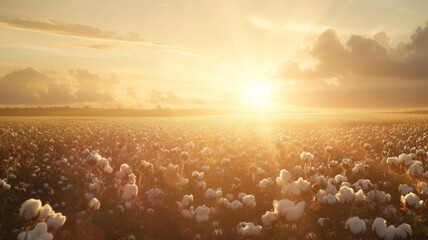 Serene Cotton Field at Sunset with Glowing Light and Ethereal Quality