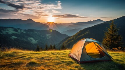 Tent with a view of mountain, camping at mountain, holiday concept.