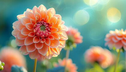 Pink dahlia field in the spring with beautiful sunlight. Beautiful field with pink and yellow dahlia flowers, garden filled with sun light and dahlias © annebel146