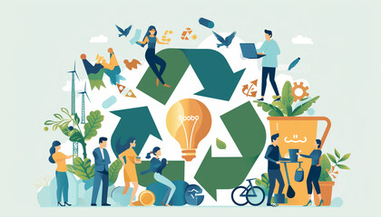 The circular economy symbol is positioned at the center of a modern industrial complex. Sustainability and resource efficiency concept