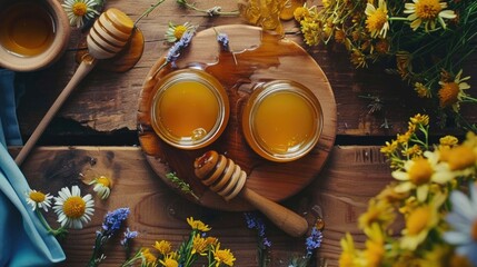 autumn still life, jar of honey with honeycomb - obrazy, fototapety, plakaty