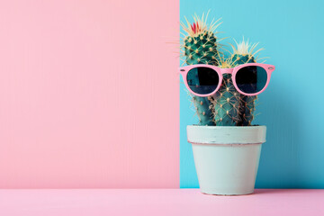 A cactus wearing sunglasses and pink glasses. The cactus is in a blue pot. The image has a fun and playful mood. Banner in a pink blue background. - obrazy, fototapety, plakaty