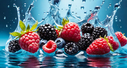 Fresh ripe juicy raspberries,blackberries and blueberries with water splashes on light blue background.Fruit freshness, summer berries. Banner for design.Generative AI


