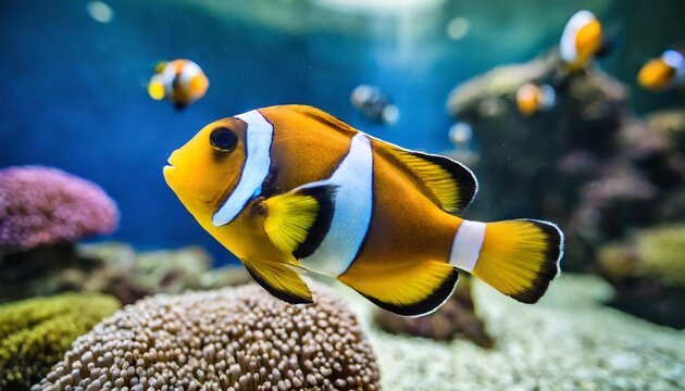 clown triggerfish swimming in aquarium clownfish or balistoides conspicillum tropical fish side view