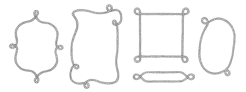 Rope Frame Border vector Set. Vintage line art with changeable background color. Linear drawing of rectangular and oval shaped wreath. Square lasso with corner loops. Black and white outline graphic