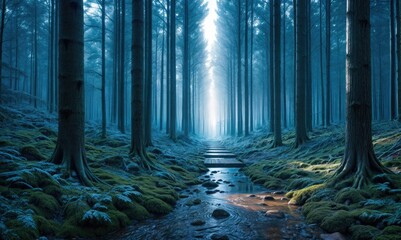A magical scene unfolds as the stream weaves its way through the darkened forest, creating an enchanting atmosphere - obrazy, fototapety, plakaty