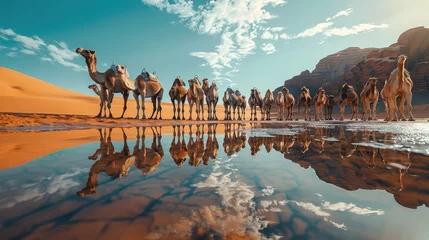 Foto auf Alu-Dibond A herd of camels at desert oasis and water reflection. Generative AI. © visoot
