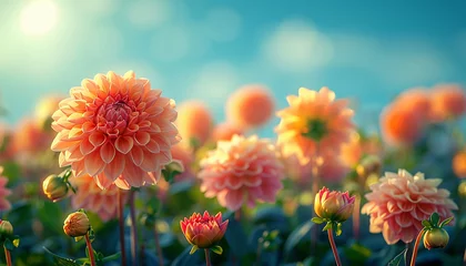  Pink dahlia field in the spring with beautiful sunlight. Beautiful field with pink and yellow dahlia flowers, garden filled with sun light and dahlias © annebel146
