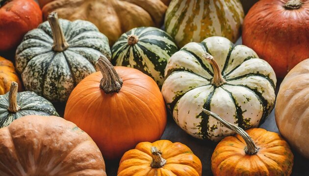 various fresh ripe pumpkins as background