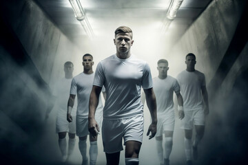 mens soccer football players pre or post match shot entering or leaving the stadium tunnel before or after a match as dramatic tension builds from the result of the league cup tournament game