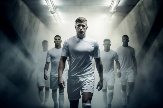 mens soccer football players pre or post match shot entering or leaving the stadium tunnel before or after a match as dramatic tension builds from the result of the league cup tournament game
