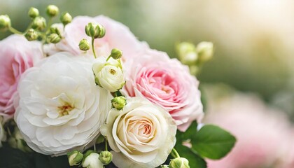 Obraz na płótnie Canvas delicate blooming festive white begonia and light pink rose flowers blossoming flower soft pastel background wedding bouquet floral card selective focus