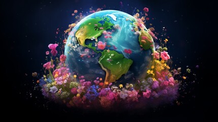 Colorful flowers on planet Earth. The concept of Earth Day.