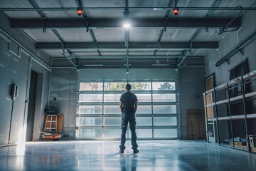Man repairing garage door with industrial contractor banner.
