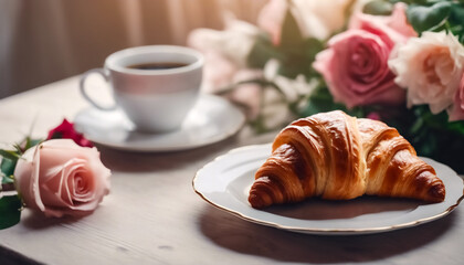 Dolce Risveglio- Croissant e Caffè al Mattino in un Ambiente Floreale Incantevole - obrazy, fototapety, plakaty